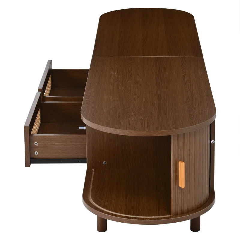 Rattan TV Stand with Sliding Doors and 8 Solid Wood Legs, Oak TV Cabinet with Rounded Corner, 170L x 40W x 40H cm, Oak