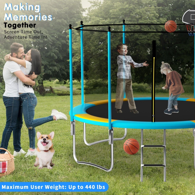 Outdoor Trampoline with Basketball Hoop and Safety Net, Heavy Duty Rebounder with Weatherproof Steel Frame, 366L x 366W x 76H cm, Blue+Orange