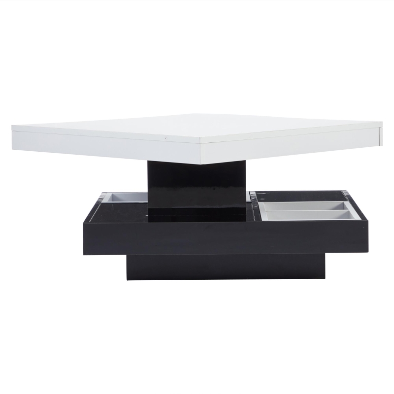 Contemporary Coffee Table with Large-Capacity Lower Shelf, 2-Tone Center Table with Recessed Compartments, 70L x 70W x 36H cm, Black