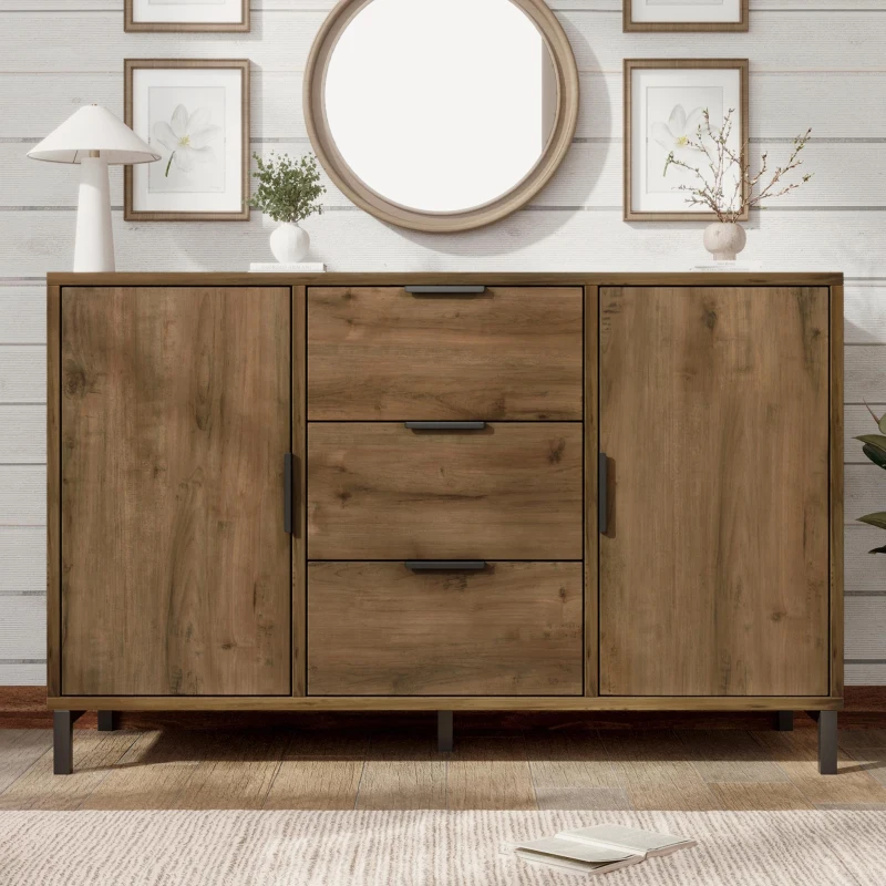 Modern Industrial Sideboard with Metal Frame and Adjustable Feet, Combo Buffet Cabinet with Height-Adjustable Shelf, 120L x 40W x 76H cm, Dark Oak