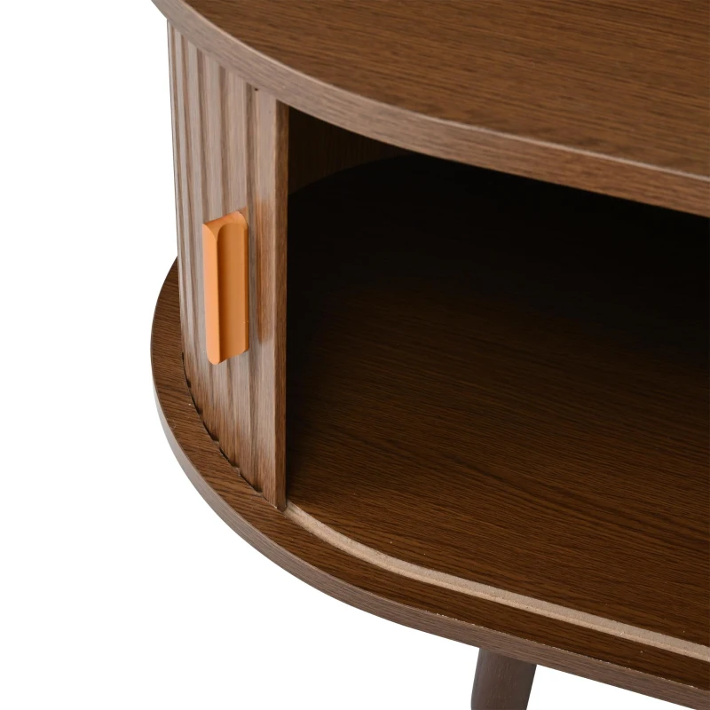 Rattan TV Stand with Sliding Doors and 8 Solid Wood Legs, Oak TV Cabinet with Rounded Corner, 170L x 40W x 40H cm, Oak
