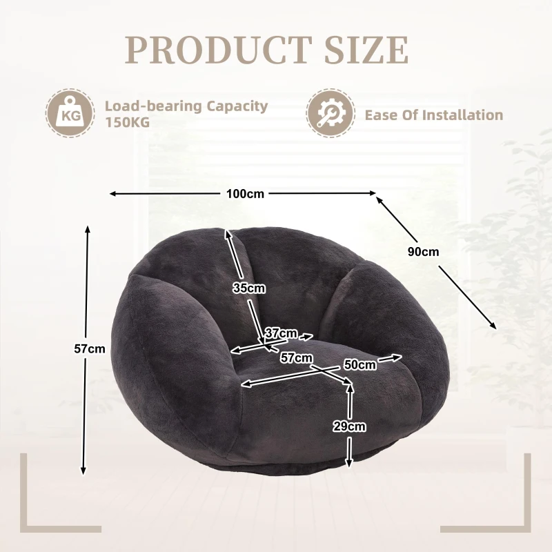 Shell-Shaped Bean Bag Chair with High-Rebound Memory Foam Filling, Ergonomic Floor Lounger with Faux Fur Removable Cover, 100L x 90W x 57H cm, Black