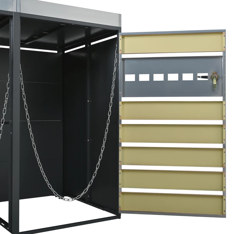 Lockable Outdoor Bin Storage Cabinet with Integrated Planter, Double Bin Storage Shed with Galvanised Steel Frame, 132L x 80W x 124.5H cm, Grey+Wood