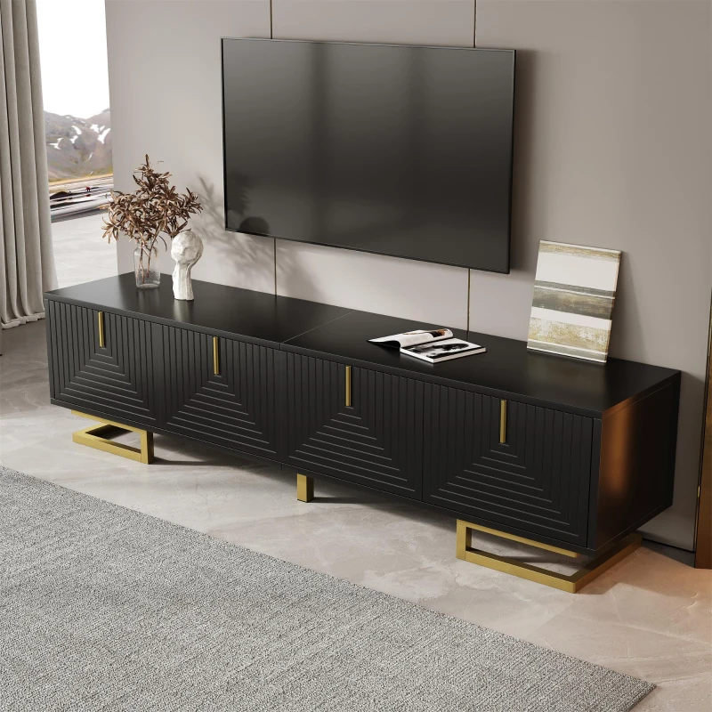 TV Cabinet with Textured Doors Metallic Handles and Sturdy Metal Legs, Elegant TV Stand with Integrated Shelves, 160L x 38W x 44.5H cm, Black