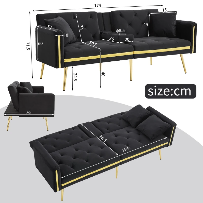 Two-Seater Convertible Sofa Bed with 3-Level Adjustable Backrest, Space-Saving Sleeper Sofa with High-Density Foam, 174L x 76W x 71.5H cm, Black