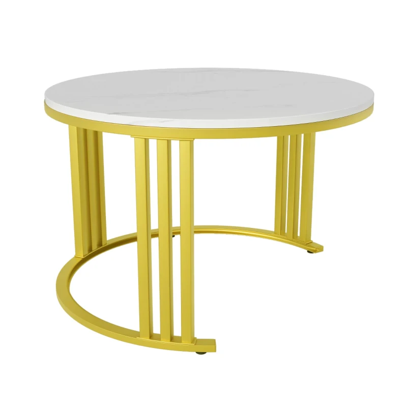 2-In-1 Round Coffee Table Set with High-Gloss Tops, Space-Saving Center Table Set with 2 Drawers, 70L x 70W x 46H cm, White
