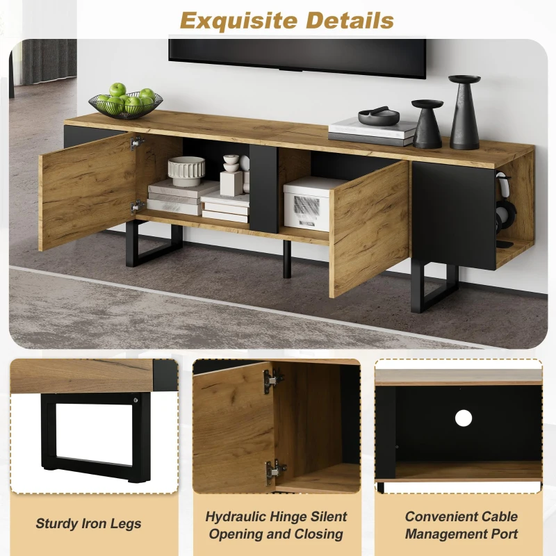 Natural-Wood TV Cabinet with Open Shelves and Soft-Close Doors, Stylish TV Stand with Durable Chipboard Construction, 180L x 40W x 55H cm, Natural