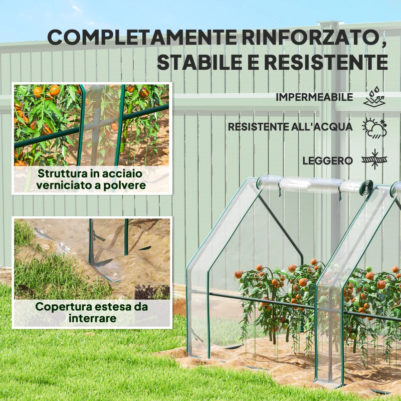 Outsunny Mini Serra da Giardino a 4 Porte Arrotolabili con Copertura Allungata, in Acciaio e PE, 360x90x90 cm, Trasparente