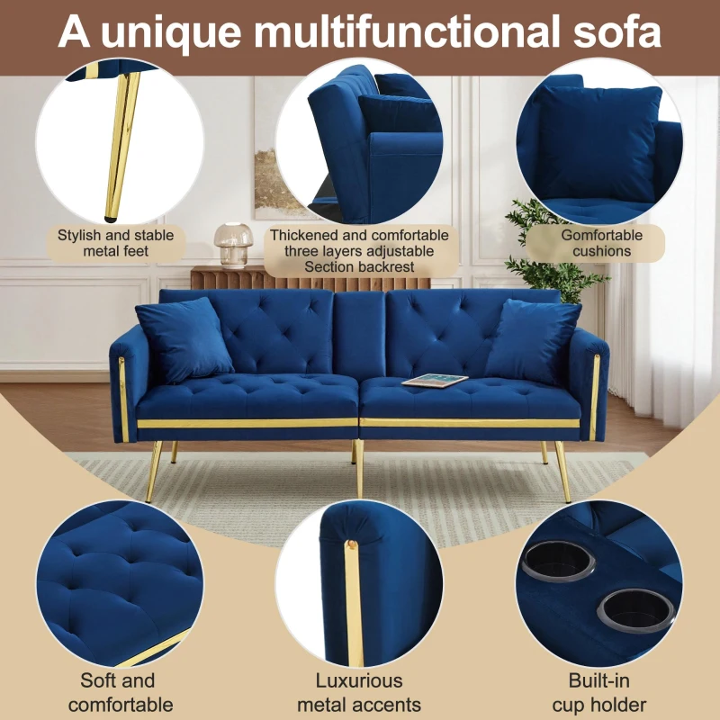 Two-Seater Convertible Sofa Bed with 3-Level Adjustable Backrest, Space-Saving Sleeper Sofa with High-Density Foam, 174L x 76W x 71.5H cm, Blue