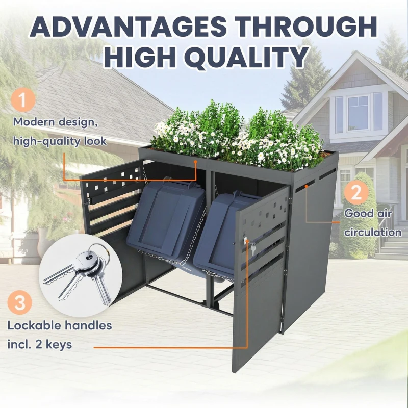 Anthracite Bin Storage Unit with Planter Roof and Rear Drainage, Sleek Dark-Grey Trash Can Shed with Ventilation Slots, 264L x 80W x 125H cm, Grey