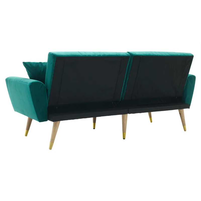 Convertible Futon Sofa Bed with 3-Position Adjustable Backrest, Modern Fleece Loveseat with Solid Wood Legs, 197.5L x 86W x 60H cm, Green