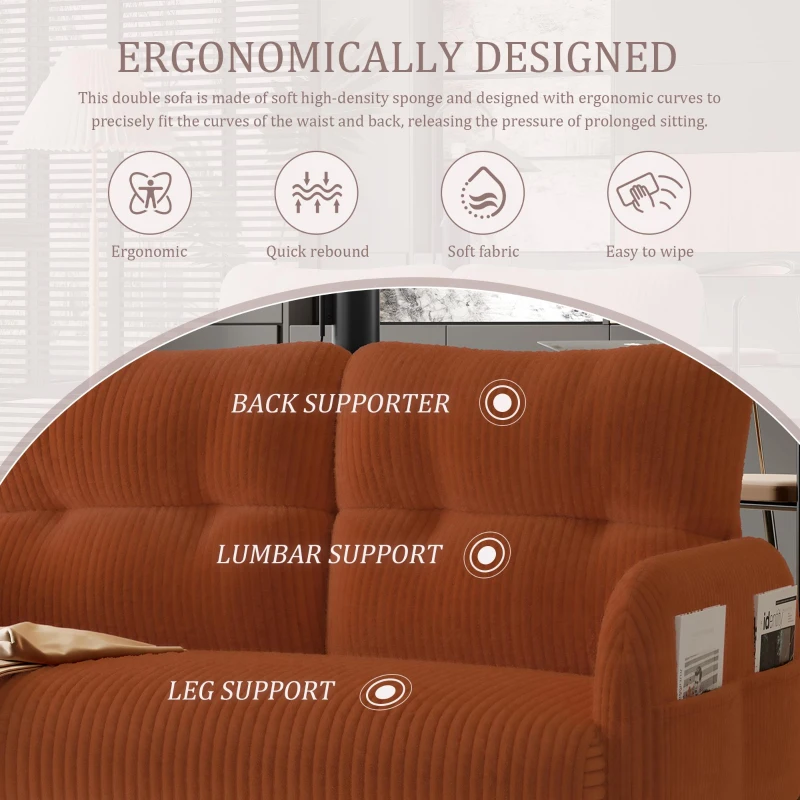 Modern Two-Seater Corduroy Sofa with High-Rebound Springs, Comfortable Loveseat with Side Storage Pockets, 120L x 65W x 79H cm, Orange