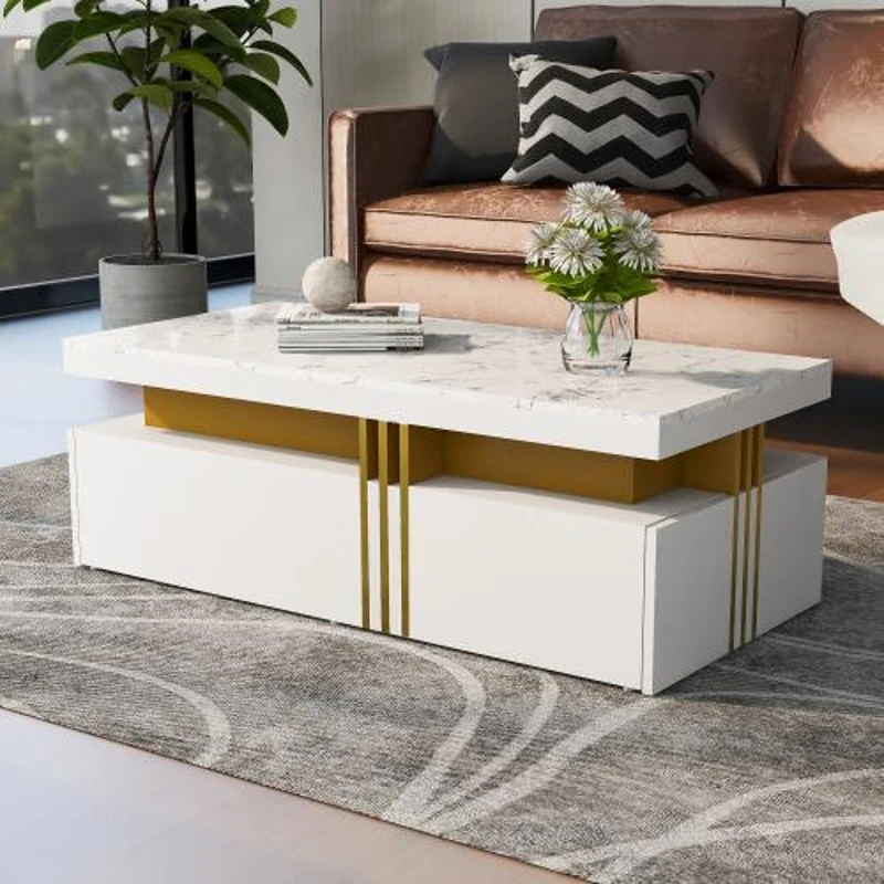TV Stand and Coffee Table Set with Ample Storage, 2-Piece Living Room Furniture Set with Durable Particleboard, 200L x 40W x 42H cm, White