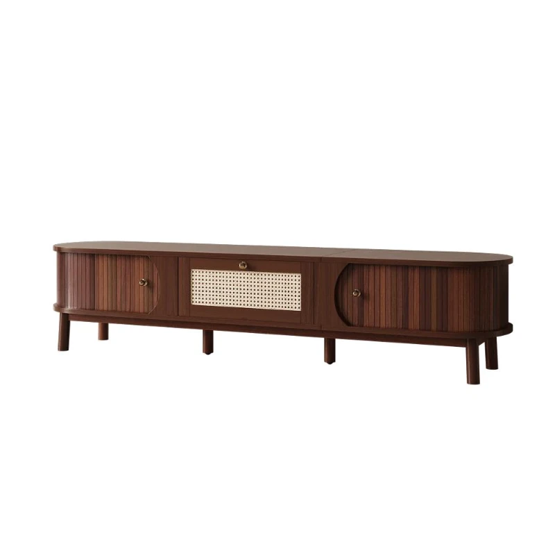 Walnut TV Cabinet with Solid Wood Doors and Handwoven Rattan Drawers, Sliding-Door TV Stand with Solid Wood Legs, 170L x 39.5W x 38H cm, Walnut