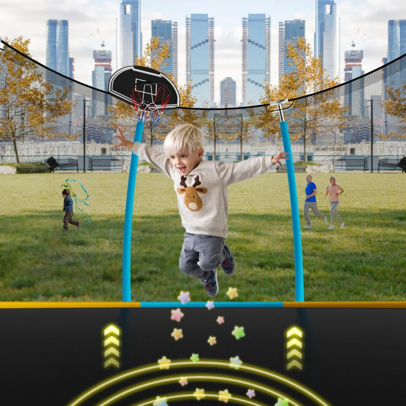 Outdoor Trampoline with Basketball Hoop and Safety Net, Heavy Duty Rebounder with Weatherproof Steel Frame, 366L x 366W x 76H cm, Blue