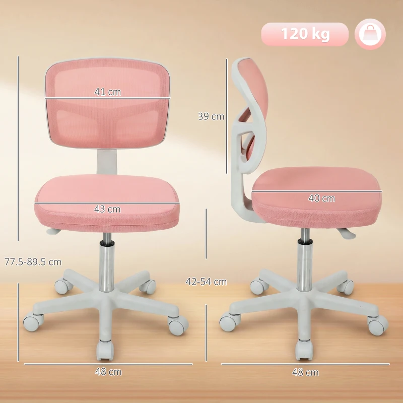 Vinsetto Scaun de birou ergonomic fără brațe, scaun pivotant, spătar curbat din plasă și roți, roz