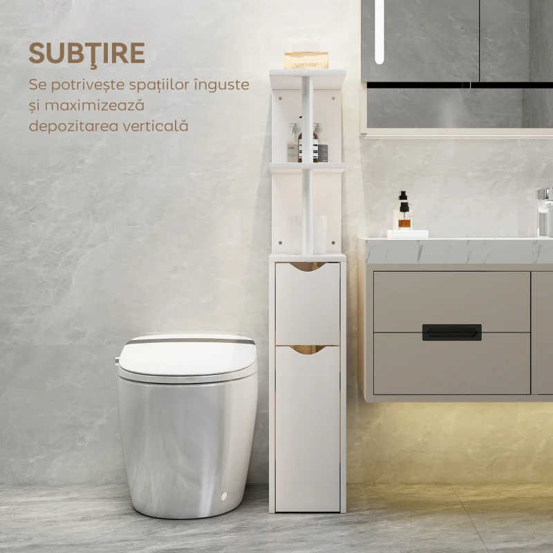 HOMCOM Dulap de Baie Slim cu Sertare și Rafturi, Dulap Economisitor de Spațiu cu Sertar pe Roți, Coloană de Baie pentru Sufragerie sau Living, 20x45x115 cm, Alb