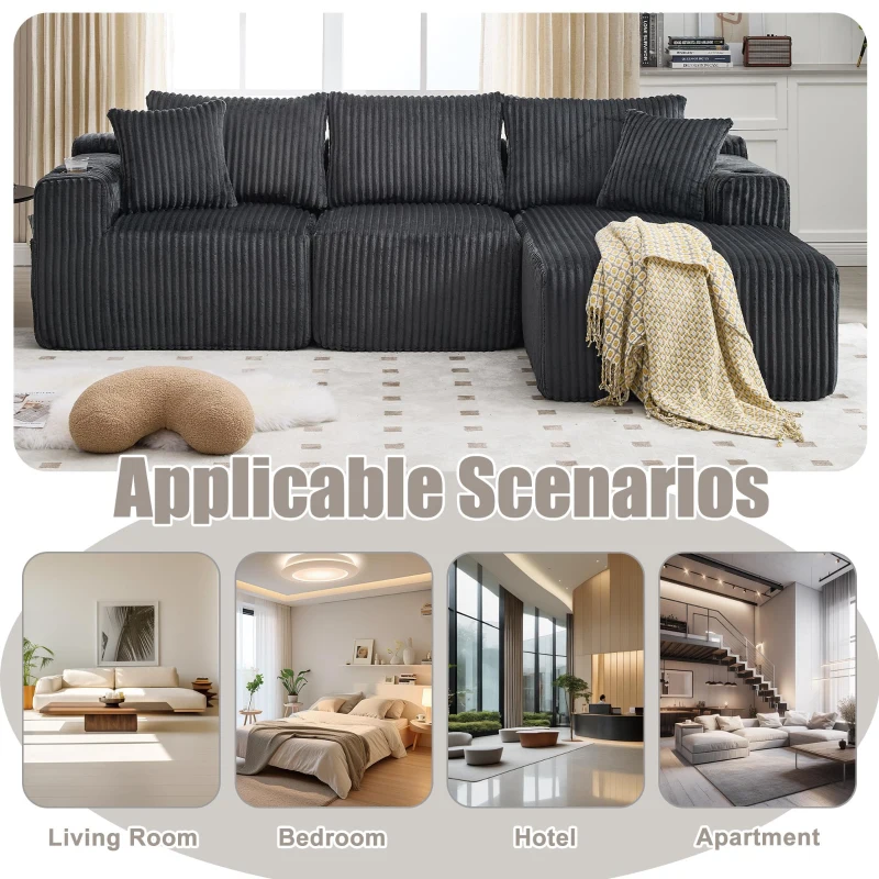Modular L-Shaped Sectional Sofa with Deep Seat, Plush Corduroy Boneless Couch for Living Room, 257L x 160W x 80H cm, Gray