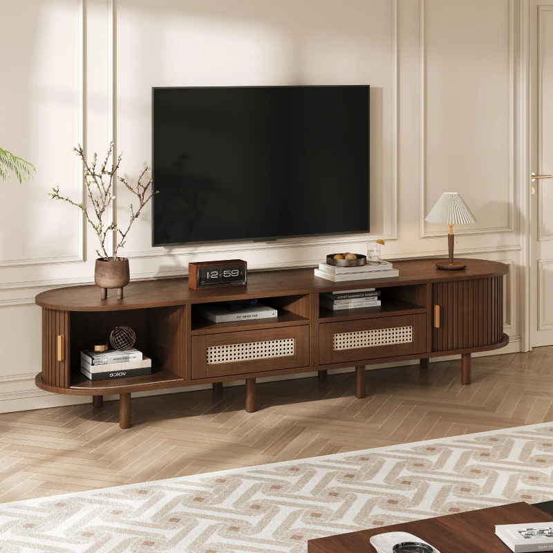 Rattan TV Stand with Sliding Doors and 8 Solid Wood Legs, Oak TV Cabinet with Rounded Corner, 170L x 40W x 40H cm, Oak
