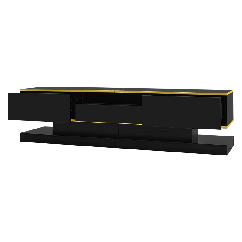 Modern TV Cabinet with 3 Drawers and Open Compartment, Contemporary TV Stand with Colour‑Changing LED Strip, 180L x 38W x 45H cm, Black