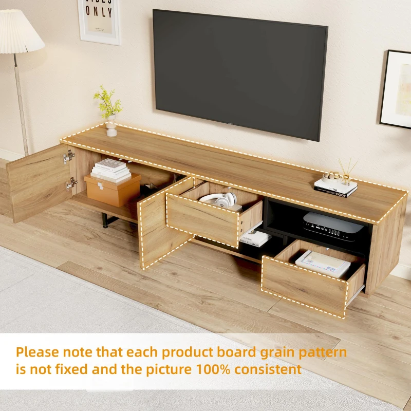 Living Room TV Cabinet with Multi‑Functional Chipboard Storage, Modern TV Stand with 2 Diagonal Drawers, 173L x 38W x 48H cm, Natural Wood