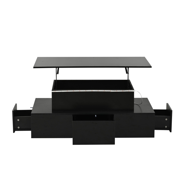 Lift-Top Coffee Table with 4 Drawers and Hidden Storage, Multi-Functional Center Table with Open Shelf and USB Port, 100L x 50W x 40H cm, Black