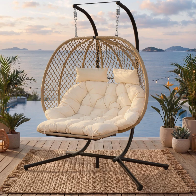 Cadeira suspensa em forma de ovo com suporte, cadeira de baloiço com apoio de pés regulável, cadeira suspensa de jardim com almofada de assento & almofado, 140x94x197 cm, Bege