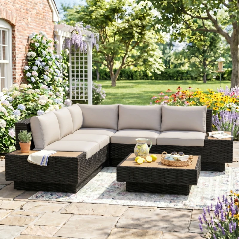 Outsunny 4 PCs Rattan Garden Furniture - Outdoor Sectional Corner Sofa and Coffee Table Set, Conservatory Wicker Weave Furniture with Armrest and Cushions, Black