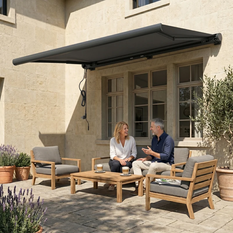 Outsunny 4 x 3(m) Full Cassette Electric Awning with Remote Controller, Aluminium Frame DIY Retractable Garden Awning, UPF50+ Sun Shade Canopy for Deck Door Window, Dark Grey