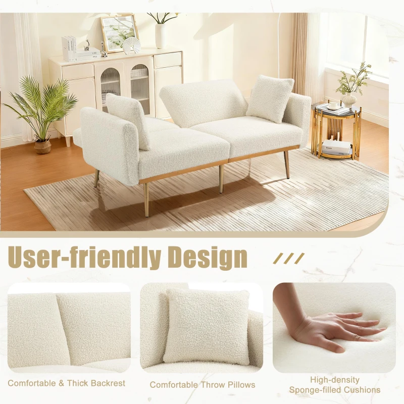 Modern 2-Seater Sofa with 3-Position Adjustable Backrest, Convertible Loveseat with Thick Padded Cushions, 165L x 72.5W x 75H cm, White Teddy