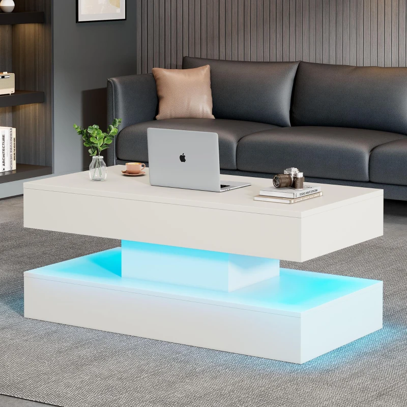 Modern Coffee Table with Bluetooth-Controlled LED Lighting, Lift-Up Center Table with Hidden Storage and Hydraulic Lift, 100L x 50W x 42H cm, White