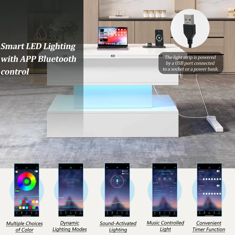 Multifunctional White Coffee Table with Integral Power Outlet, Modern Center Table with App-Controlled LED Light, 100L x 50W x 51.5H cm, White