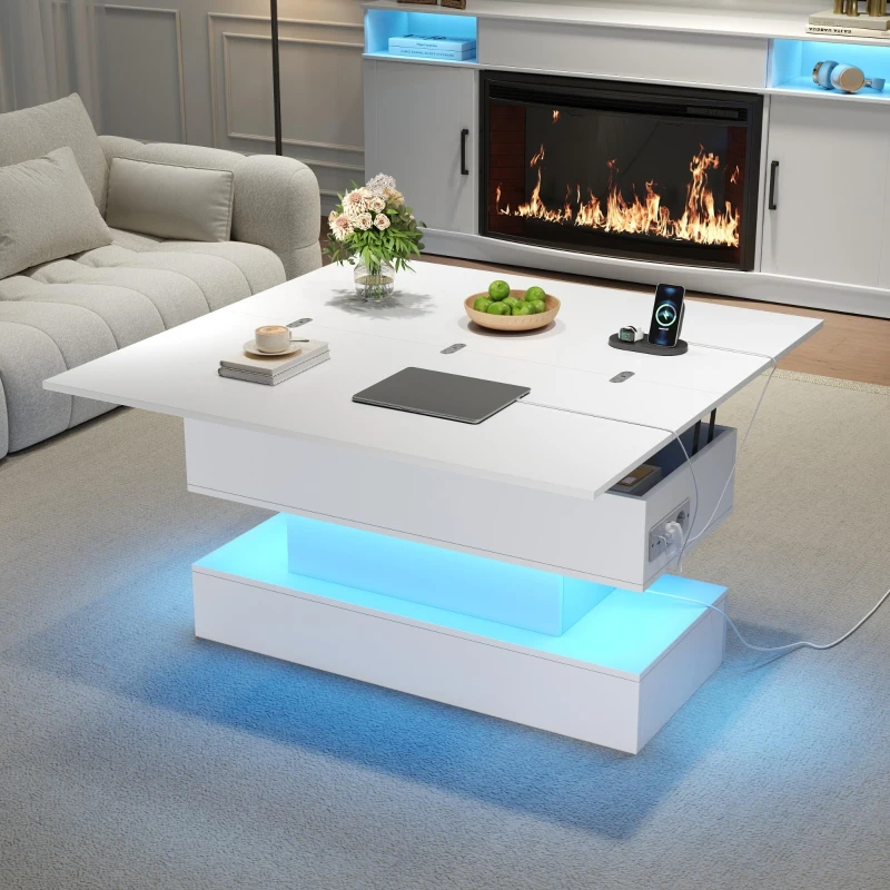 Multifunctional White Coffee Table with Integral Power Outlet, Modern Center Table with App-Controlled LED Light, 100L x 50W x 51.5H cm, White