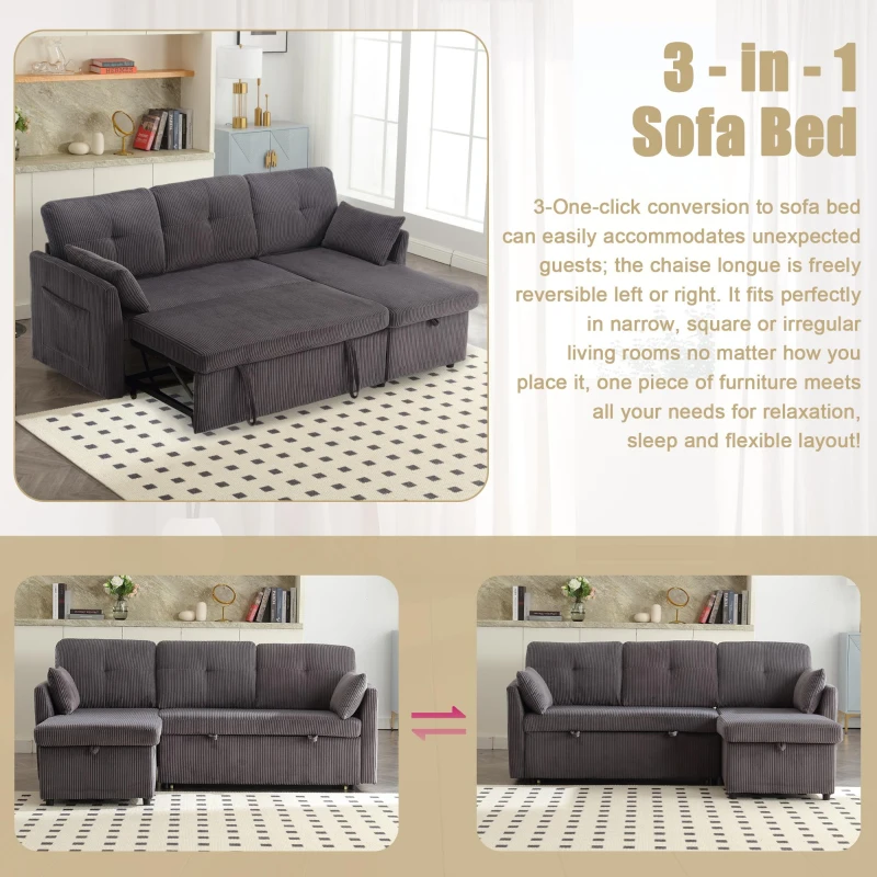 Stylish Sectional Sleeper Sofa with Reversible Storage Chaise, 3-In-1 L-Shaped Sofa with Corduroy Upholstery, 206L x 130W x 88H cm, Charcoal Grey