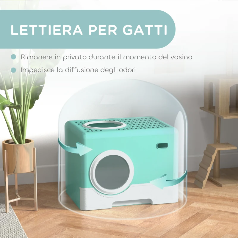 PawHut Lettiera per Gatti con Coperchio e Paletta, Doppio Ingresso e Vassoio Estraibile, 52x41x38.5 cm, Verde