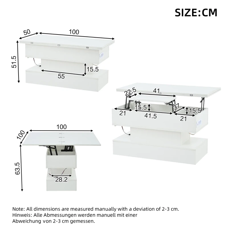 Multifunctional White Coffee Table with Integral Power Outlet, Modern Center Table with App-Controlled LED Light, 100L x 50W x 51.5H cm, White