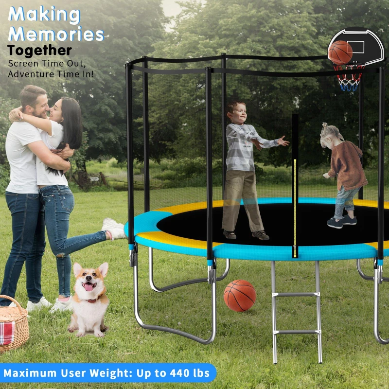 Outdoor Trampoline with Basketball Hoop and Safety Net, Heavy Duty Rebounder with Weatherproof Steel Frame, 366L x 366W x 76H cm, Blue