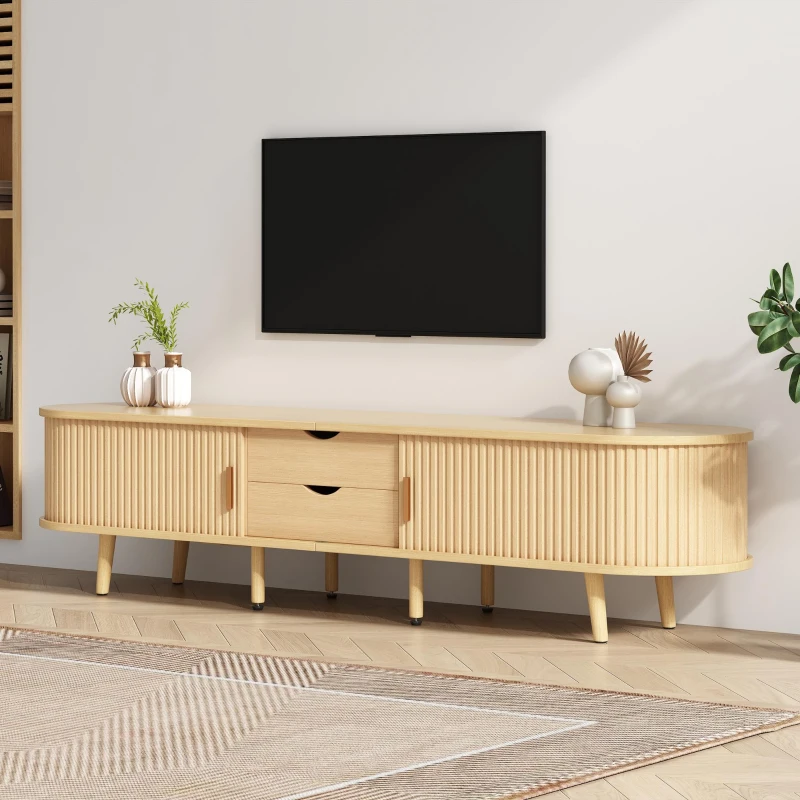 Minimalist TV Stand with Oval Top and Rounded Corners, Light Oak TV Cabinet with Solid Wood Legs, 175L x 40W x 40H cm, Oak