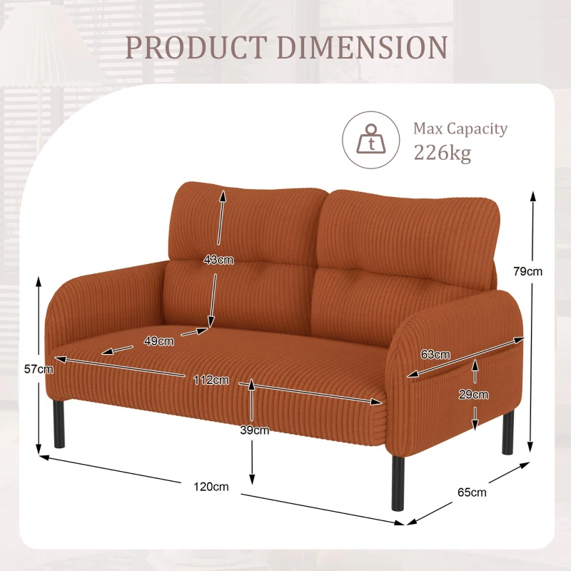 Modern Two-Seater Corduroy Sofa with High-Rebound Springs, Comfortable Loveseat with Side Storage Pockets, 120L x 65W x 79H cm, Orange
