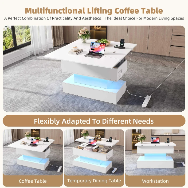 Multifunctional White Coffee Table with Integral Power Outlet, Modern Center Table with App-Controlled LED Light, 100L x 50W x 51.5H cm, White