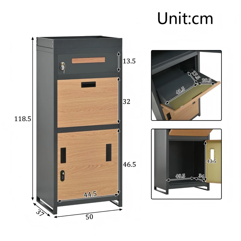 Parcel Mailbox with Integrated Planter and Letter Storage, Anti-Theft Parcel Delivery Box with Viewing Window, 50L x 37W x 118.5H cm, Grey+Wood