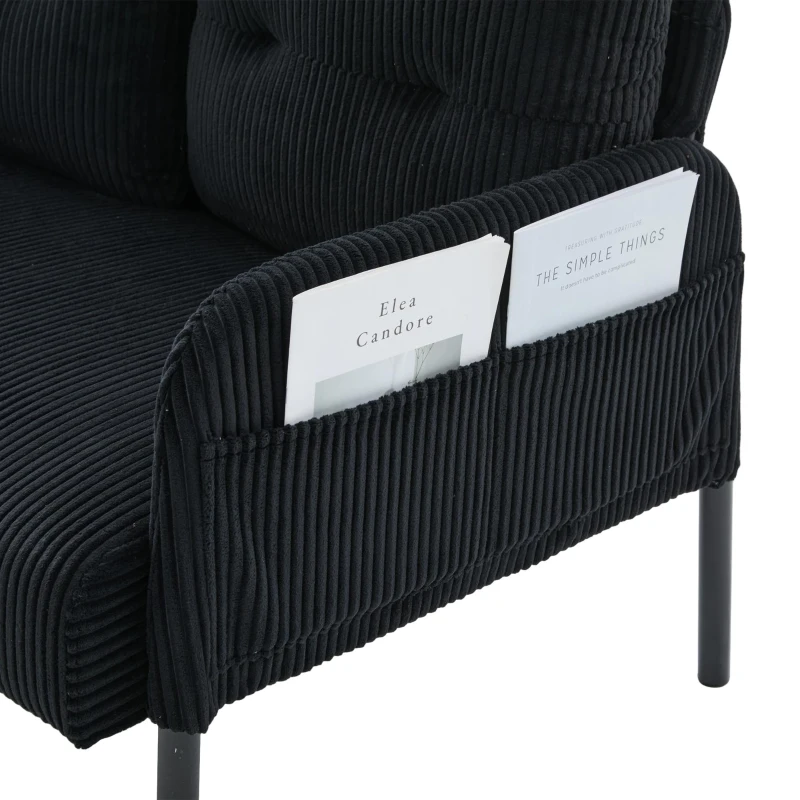 Oversized Two-Seater Corduroy Sofa with Ergonomic Curves, Comfortable Loveseat with Dual Side Storage Pockets, 171L x 72W x 80H cm, Black