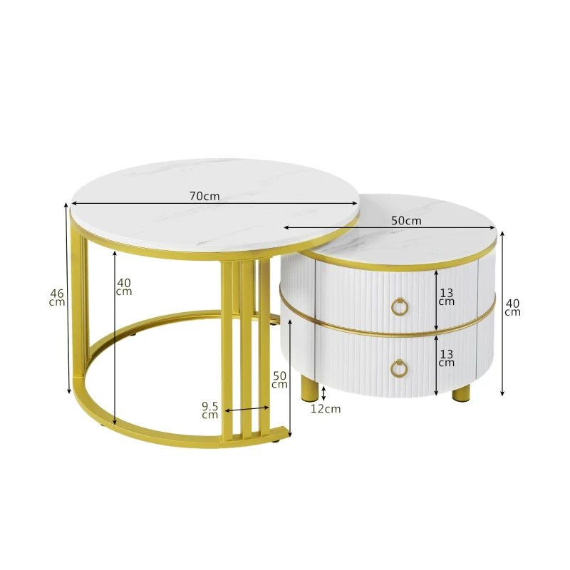 2-In-1 Round Coffee Table Set with High-Gloss Tops, Space-Saving Center Table Set with 2 Drawers, 70L x 70W x 46H cm, White