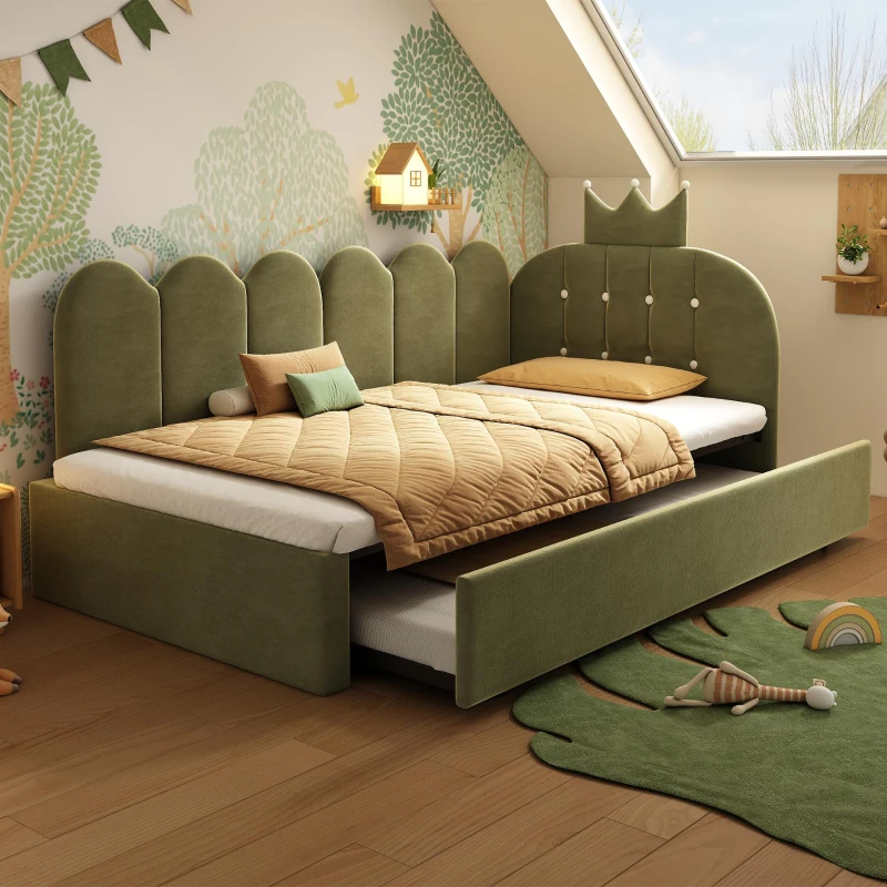 Upholstered Daybed with Pull-Out Trundle and Lattice Detail, Crown-Headboard Kids Bed with Metal Slatted Frame, 194L x 98W x 95H cm, Green