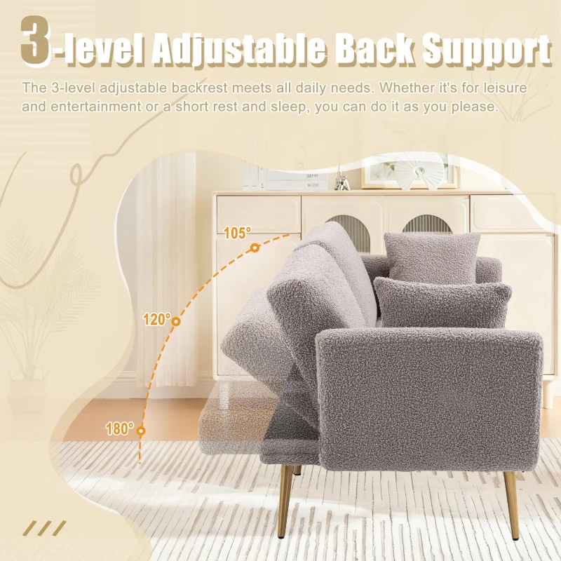 Modern 2-Seater Sofa with 3-Position Adjustable Backrest, Convertible Loveseat with Thick Padded Cushions, 165L x 72.5W x 75H cm, Grey Teddy
