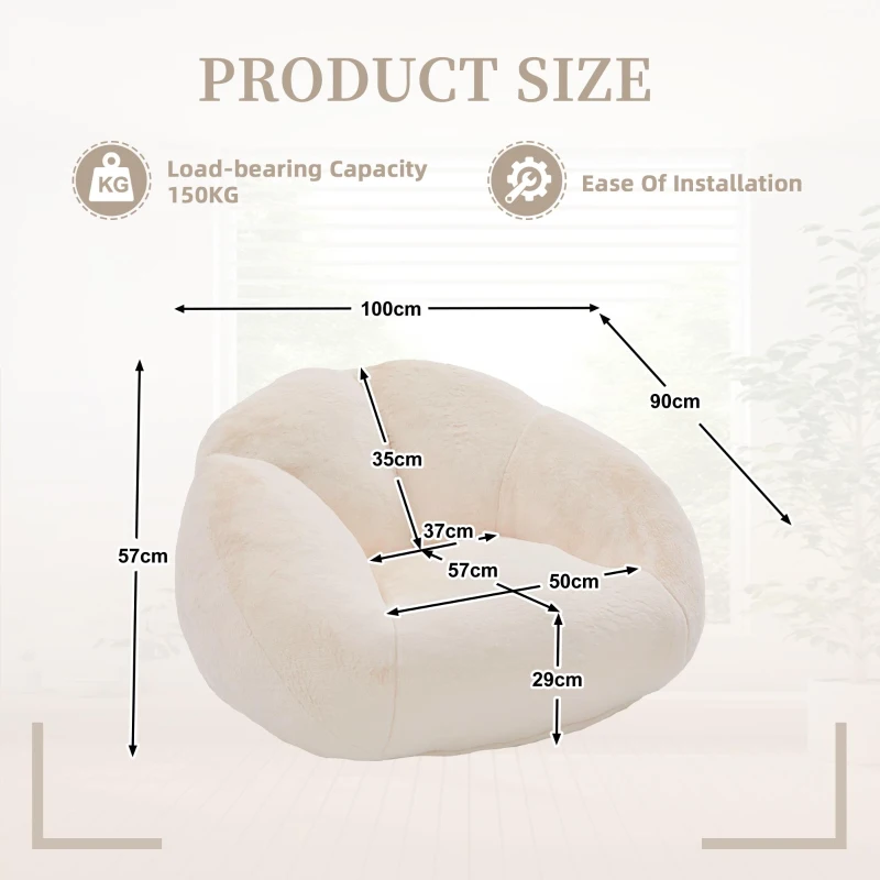 Shell-Shaped Bean Bag Chair with High-Rebound Memory Foam Filling, Ergonomic Floor Lounger with Faux Fur Removable Cover, 100L x 90W x 57H cm, Beige