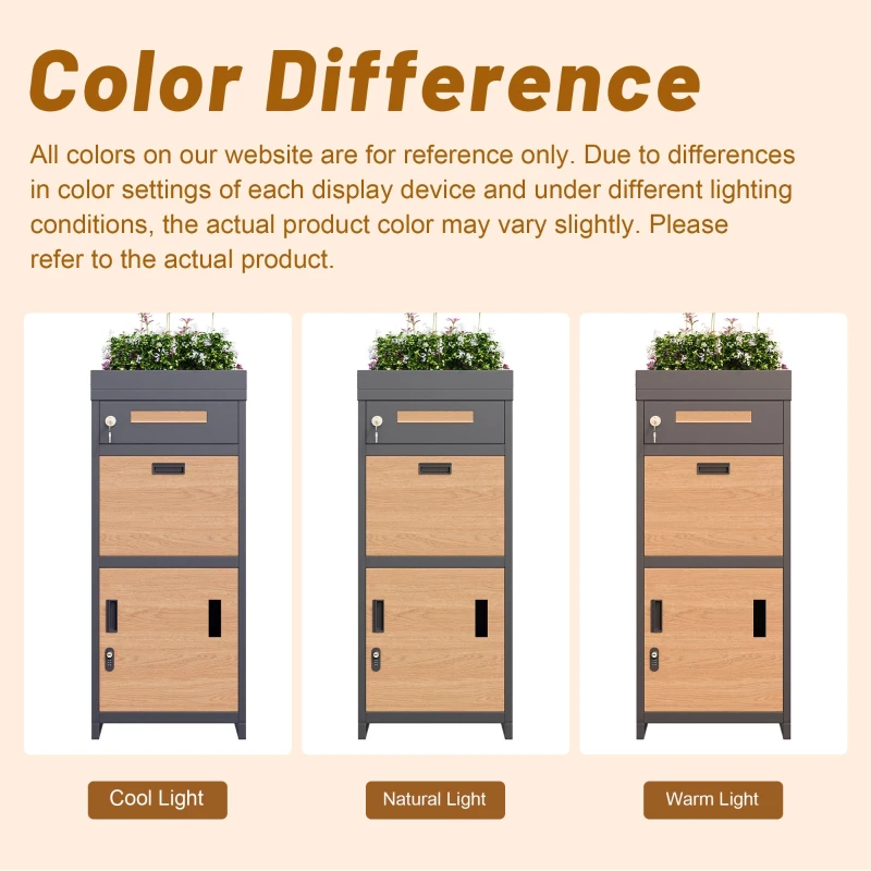 Parcel Mailbox with Integrated Planter and Letter Storage, Anti-Theft Parcel Delivery Box with Viewing Window, 50L x 37W x 118.5H cm, Grey+Wood