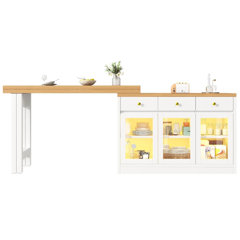Extendable Kitchen Island with Multicolour RGB LED Lighting, Modern Dining Table with 3 Deep Drawers, 120L x 40W x 75.5H cm, White