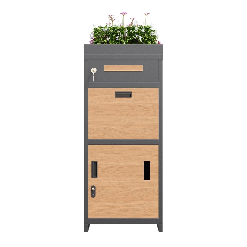 Parcel Mailbox with Integrated Planter and Letter Storage, Anti-Theft Parcel Delivery Box with Viewing Window, 50L x 37W x 118.5H cm, Grey+Wood