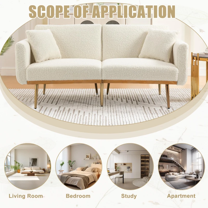 Modern 2-Seater Sofa with 3-Position Adjustable Backrest, Convertible Loveseat with Thick Padded Cushions, 165L x 72.5W x 75H cm, White Teddy